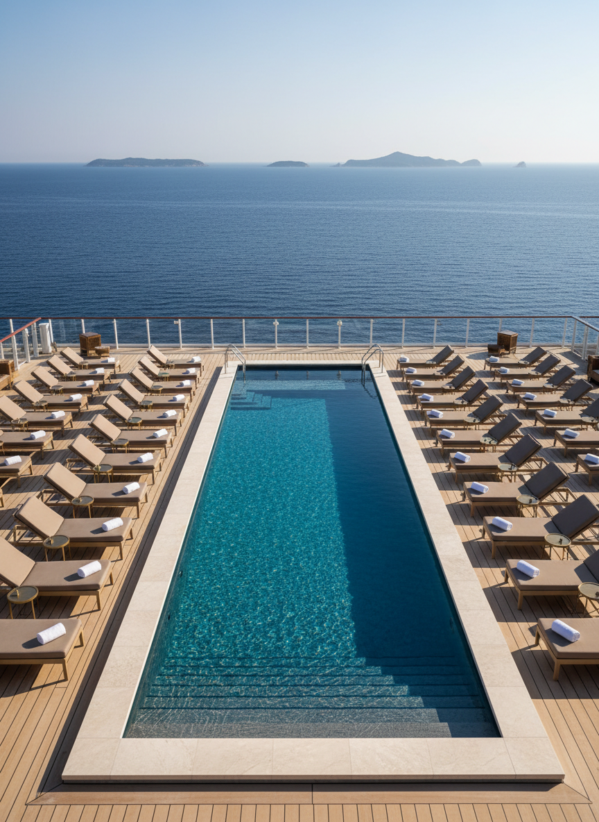 A spacious sun deck on a luxury cruise ship sailing through the Mediterranean, highlighted by a pristine infinity-style pool edged with pale limestone tiles and frameless glass barriers. Plush, taupe sun loungers with rolled white towels and discreet brass side tables line the deck in orderly symmetry. Beyond, the deep cobalt sea stretches to a hazy horizon dotted with distant islands. Late-morning sunlight sparkles on the pool’s surface, creating intricate light patterns that dance across the surrounding deck. Photographed from a slightly elevated angle with strong linear perspective leading toward the horizon, the composition emphasizes openness and refined leisure, with a bright, sophisticated atmosphere in high-end photographic realism.