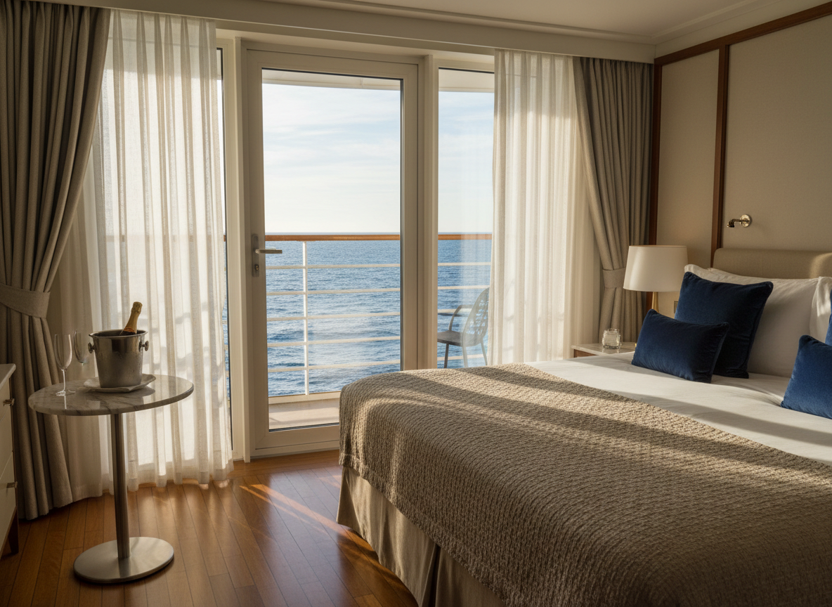 An opulent ocean-view suite aboard a luxury cruise ship, featuring floor-to-ceiling glass doors opening onto a private balcony with a gleaming stainless-steel railing. Inside, a king-sized bed with crisp white linens, textured taupe throws, and plush navy cushions faces the open sea. A marble-topped side table holds a chilled silver ice bucket beside crystal flutes. Late-afternoon natural light pours through the glass, creating soft highlights on the polished wood floors and subtle shadows along the linen drapes. Captured at eye level with a wide-angle lens, the composition frames both the intimate interior and sweeping ocean panorama, conveying refined comfort, privacy, and sophisticated indulgence in realistic, contemporary photographic style.