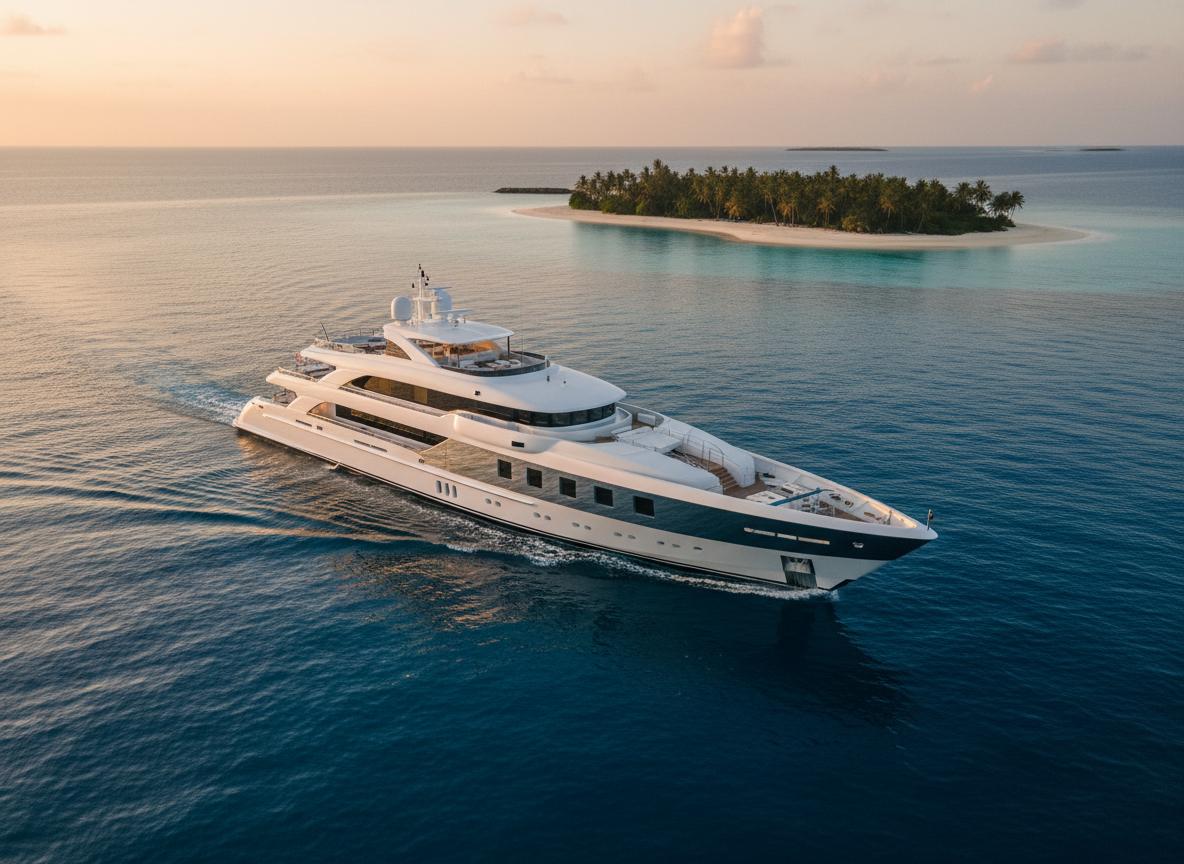 A sleek white superyacht with a polished chrome hull cutting through deep sapphire water, its elongated silhouette reflecting the golden hues of sunset. The yacht is anchored just off a pristine, palm-fringed tropical island with powder-soft sand and turquoise shallows. Soft golden hour sunlight bathes the scene, casting long, elegant reflections across the calm sea. Photographed from a slightly elevated, three-quarter angle, the vessel dominates the foreground while the island and distant horizon remain gently blurred, creating a shallow depth of field. The mood is serene and aspirational, evoking sophisticated escape and ultimate luxury travel in photographic realism with a clean, modern aesthetic.