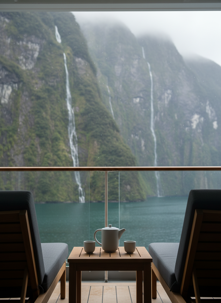 A luxurious private balcony on a cruise ship overlooking the rugged coastline of New Zealand’s fjords, featuring a low-profile teak table set between two deep-cushioned, charcoal-gray lounge chairs. The table holds a minimalist porcelain teapot and matching cups, their matte white surfaces gently catching the diffused light. Towering, moss-covered cliffs and cascading waterfalls rise from mist-covered water in the background. Soft overcast daylight envelops everything in a cool, calm glow, with fine droplets of mist visible in the air. Captured from a seated eye-level angle, with the balcony furnishings in sharp focus and the dramatic fjord scenery slightly softened, the mood is contemplative, secluded, and quietly luxurious, in clean photographic realism.
