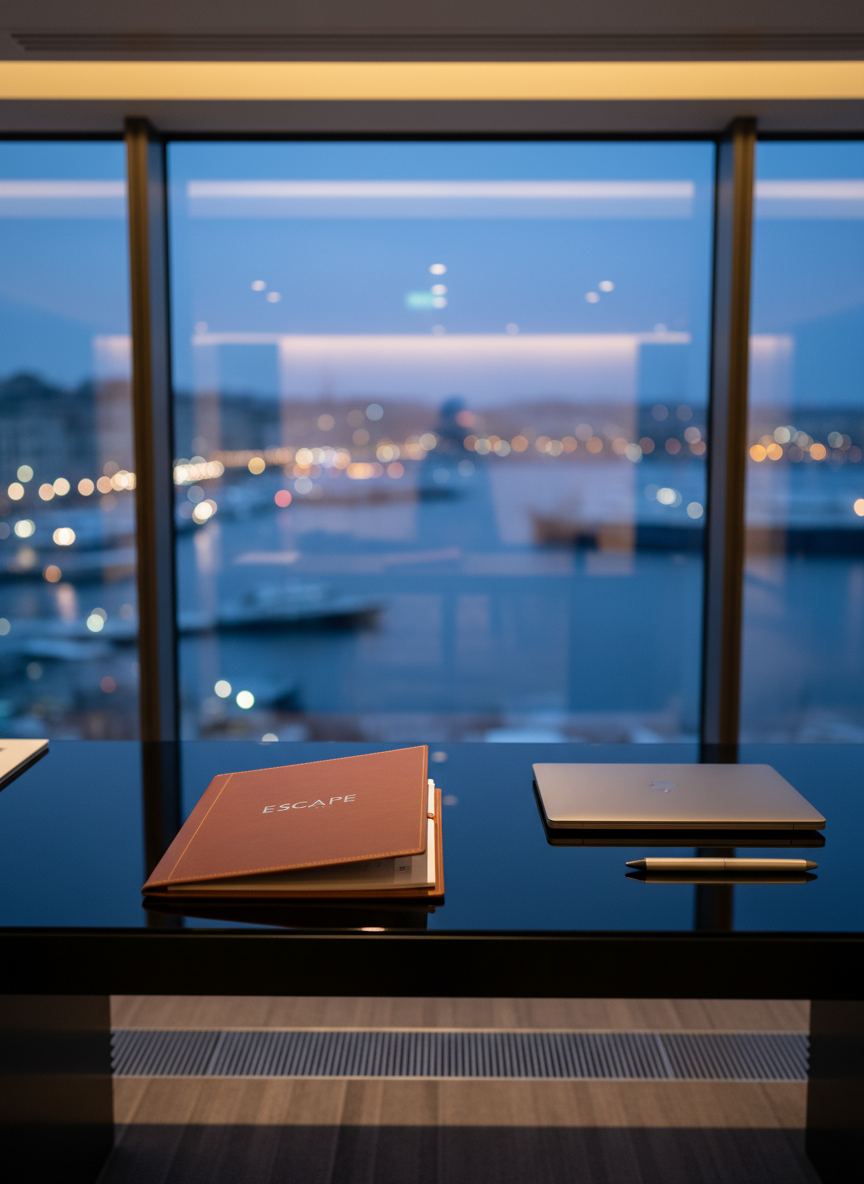 A minimalist, high-end travel planning desk in a luxury cruise concierge lounge, featuring a matte black glass surface with a single open leather-bound itinerary folder embossed with the word “ESCAPE” in subtle silver lettering. Beside it, a brushed metal pen and a slim, closed laptop with a soft gray finish rest in precise alignment. Behind the desk, a large floor-to-ceiling window reveals a softly out-of-focus panorama of a European harbor at dusk, with twinkling lights reflecting on calm water. Cool twilight tones mix with warm, focused downlighting above the desk, creating a composed, sophisticated mood. Shot from a slightly elevated angle with shallow depth of field, the scene communicates bespoke planning and exclusive service in sleek photographic realism.