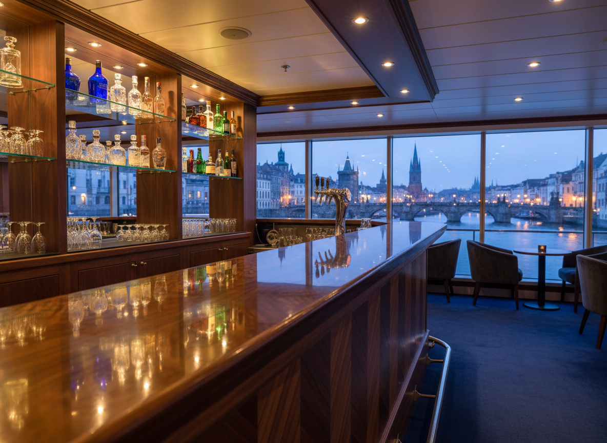 A refined lounge bar aboard a European river cruise vessel, centered on a glossy dark wood bar counter with a subtle herringbone pattern. Behind the bar, backlit glass shelves display meticulously arranged crystal decanters and bottles in jewel-toned glass. Floor-to-ceiling windows reveal a softly blurred European cityscape drifting past: historic bridges, warm stone facades, and distant church spires. Warm ambient lighting from recessed ceiling fixtures mixes with the cool twilight glow from outside, creating layered reflections on the bar’s surface. Shot from a low, three-quarter angle with a medium depth of field, the composition feels intimate yet spacious, evoking sophisticated evenings and elegant, all-inclusive journeys in photographic realism.